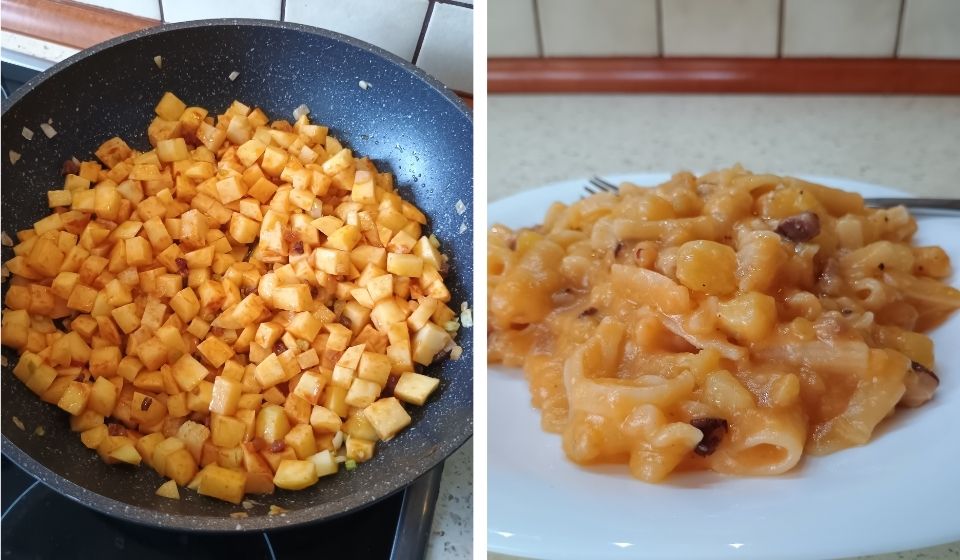 PASTA e PATATE servírované na talíři.